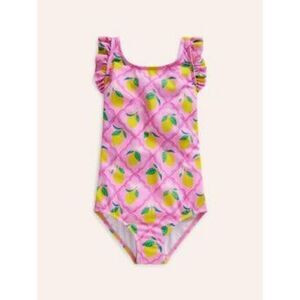 Mini Boden Pink Lemon Print Ruffle Shoulder Swimsuit